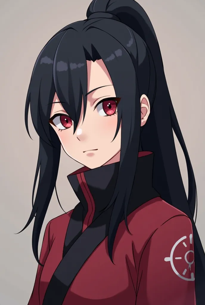 Create an anime girl from the Naruto universe . She could as a boy, slim Kunoichi, with long, dark hair and penetrating red eyes, wearing the Sharingan symbol. Her facial features could be fine and delicate, with high cheekbones and a resolute expression. ...