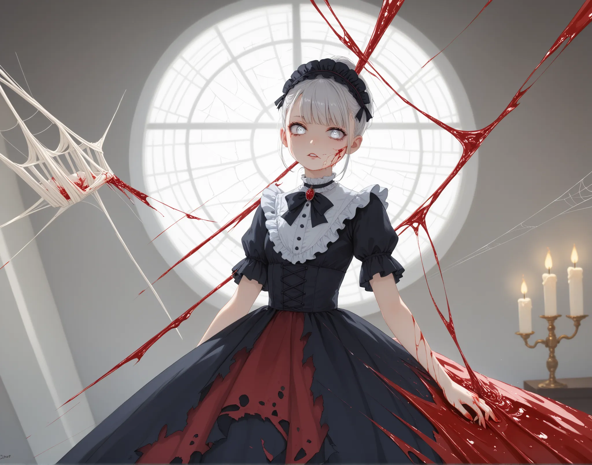 "creepy,  only light , eyeballs with white eyes. doll is torn,  gothic dress with torn lace trim with blood on it ,and my hair is disheveled and matted . dim , has a spider web in the corner、Lots of broken dolls、A dusty room with peeling wallpaper and bloo...