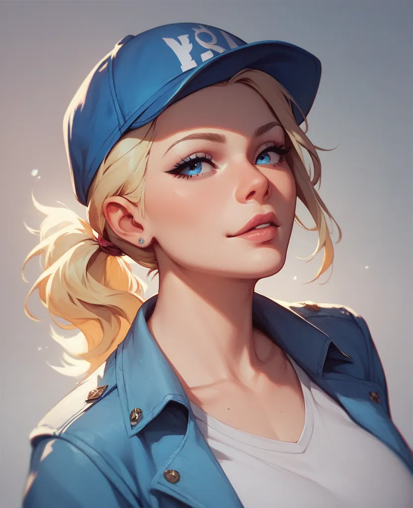 portrait of a blonde in a blue hat and a blue shirt