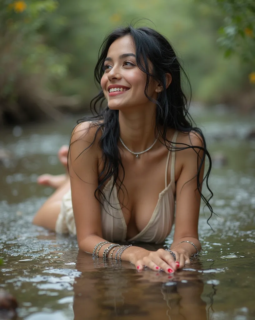 Capture a serene ultra-wide angle shot of the 24-year-old Ukrainian brunette model lying on a shallow stream's bank, wearing a tiny revealing blouse with bare midriff and back, paired with a low-riding mini skirt. Her medium-length black hair flows gently ...