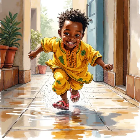 A Nigerian boy sliding on a wet floor
Water color illustration