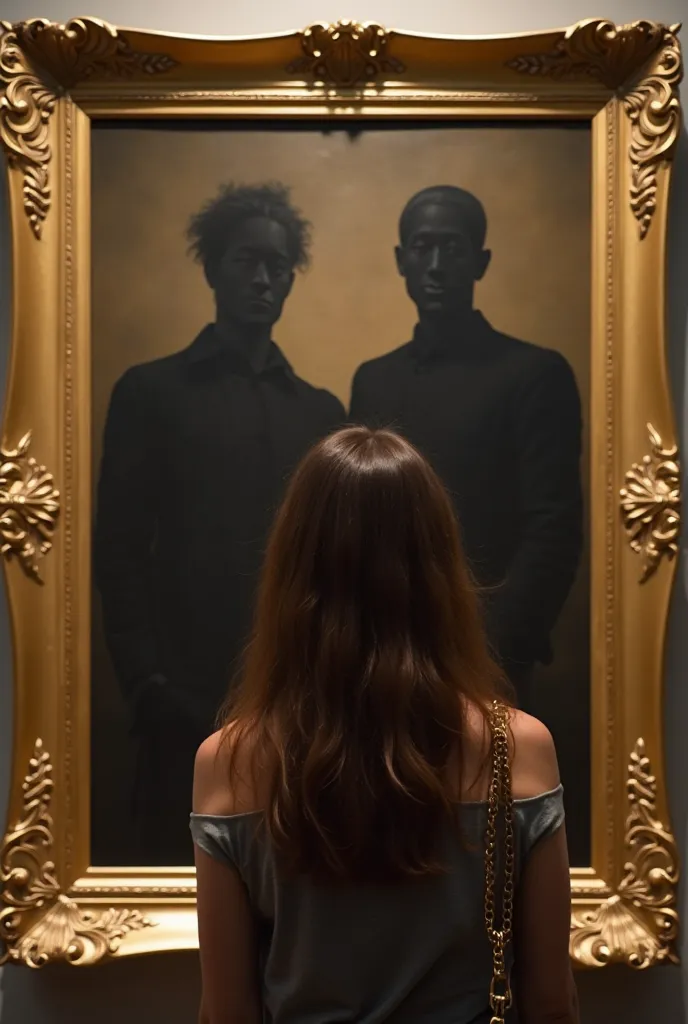 A painting with a golden frame, with a dark but prosperous color. It has a very black shade of two men whose features are invisible. A young woman with medium-length brown hair looks at the painting and does not show her face. It is a realistic painting st...