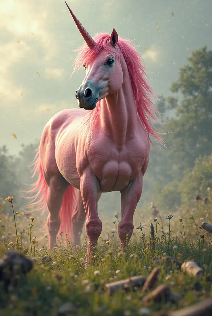 Pink unicorn killer in the meadow where the Second World War is taking place