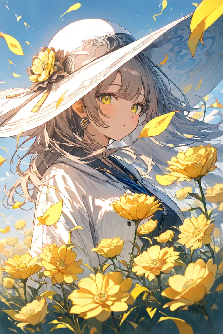 masterpiece,top quality,Super Detail,8k, vibes　girl wearing a white hat　Rape flower field　wind is blowing softly