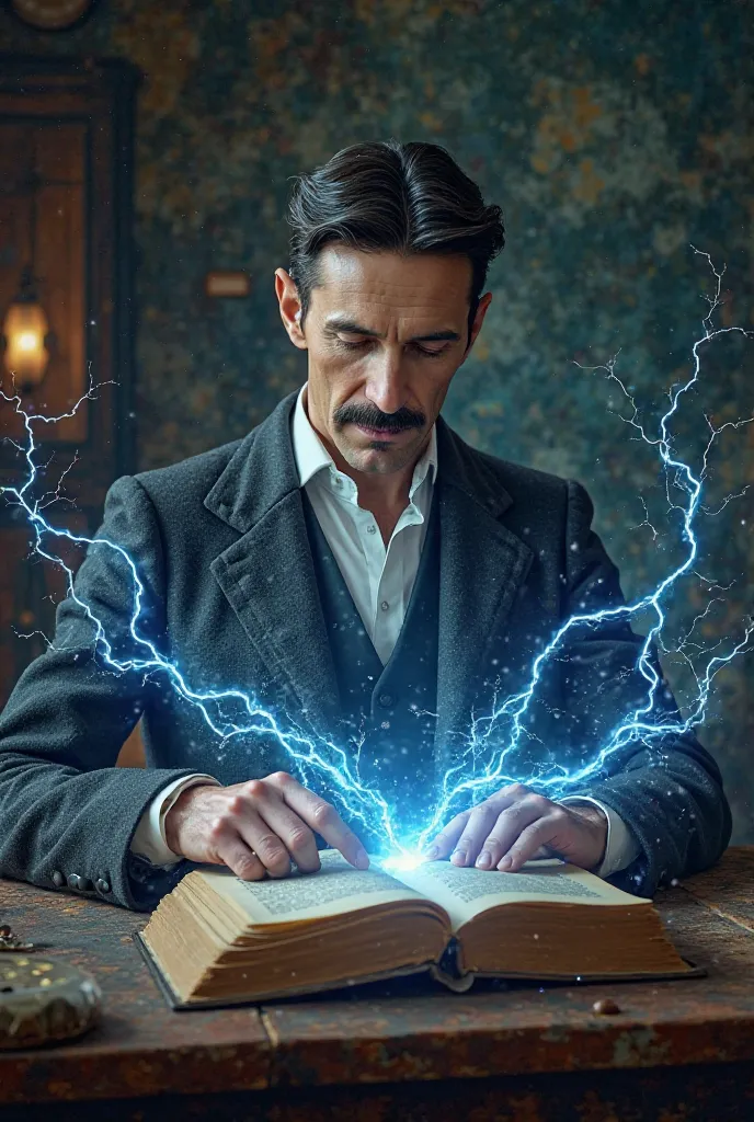 Make a Nikola Tesla profile picture where he read a book on a table and his backside electric flow