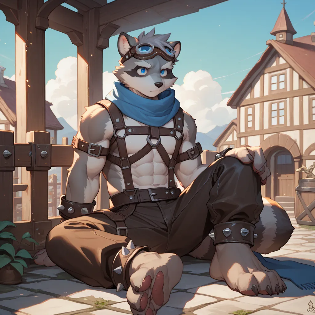 solo, furry, kemono, raccoon, grey body, spiked grey hair, Detailed body fur, long blue scarf, leather_harness, dark brown baggy pants, goggles, masterpiece, gray body, Detailed face, big eyebrows, blue eyes, detailed eyes, No muscles, Detailed hands, Flat...