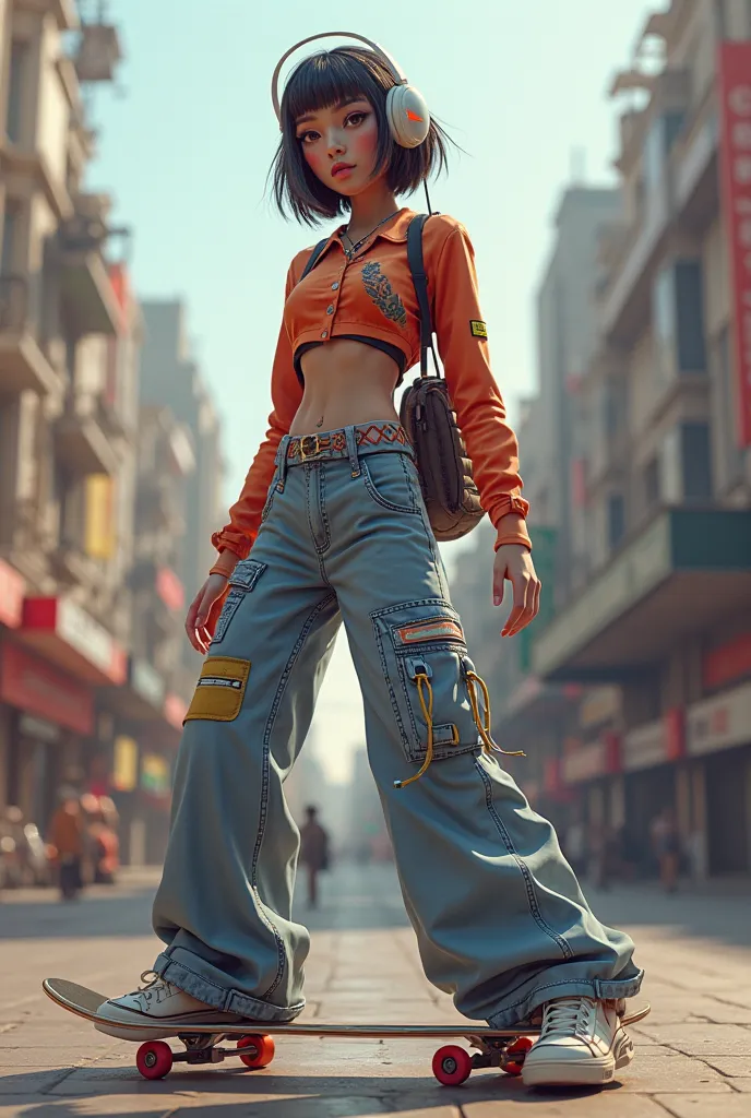 6-legged human girl character in her late s, hip-hop style fashion tight top, Wide-leg pants, He holds a skateboard in his hands and wears a headset on his head