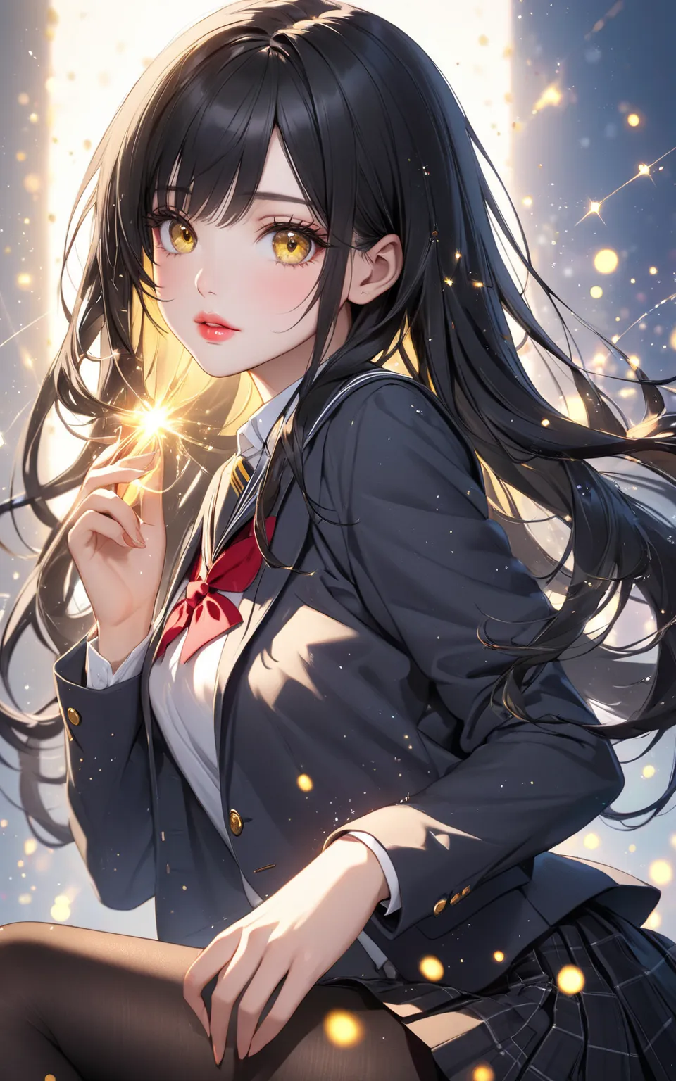 beautiful hands, (particles light:1.3), school uniform, black pantyhose,
very cute and beautiful girl, (black hair:1.2), yellow eyes, long hair, beautiful lips,