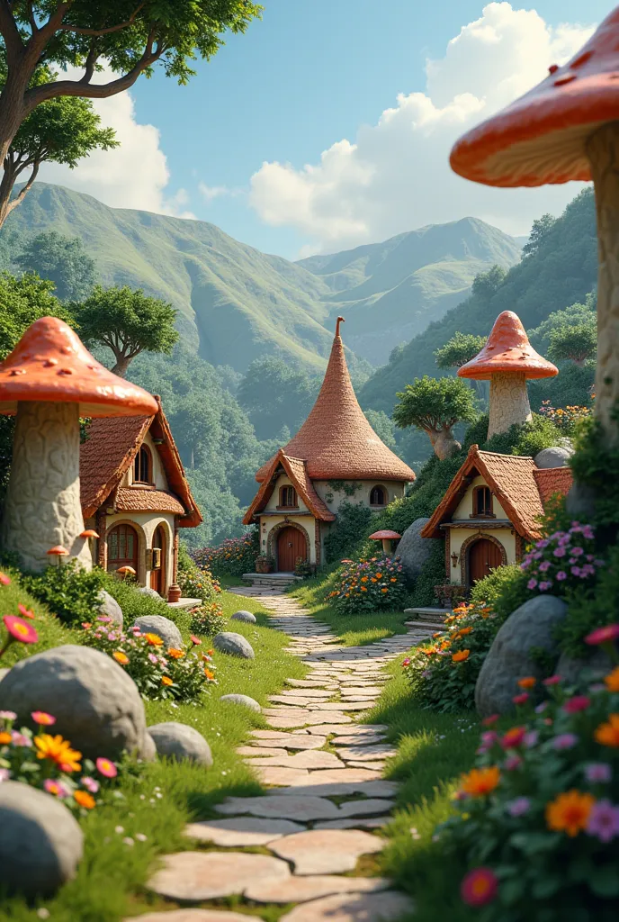 Village landscape (Opening Scene)

We show Peanut Village at a wide angle.
Colorful snail shell houses, stone paths, giant flowers and luminous mushrooms.