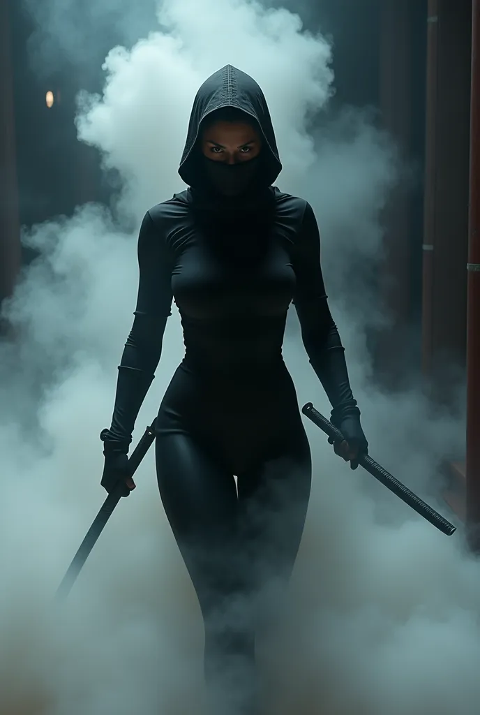 ninja woman coming out of smoke