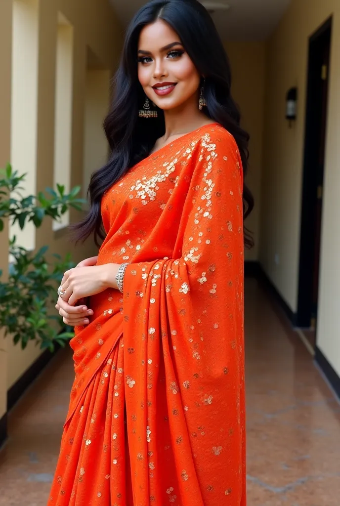 Beautifull indian face, short,indian women, indian skin , little chubby, long black hair,big curvy hip, wearing Here's a brief description of the saree: This dress is a bold and glamorous piece! It's a vibrant orenge, same saree made entirely of sequins, g...