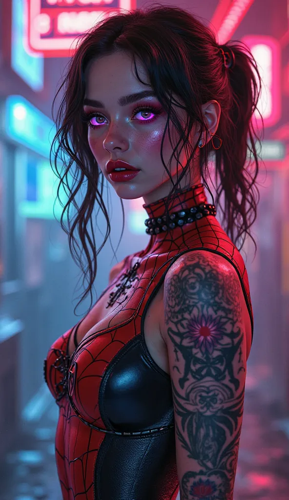  Beautiful girl dressed as Spiderman, hipster, in the tattoo , full length, cyberpunk 2077, лицо in the tattoo ,  cybernetic,  with wings , in a cyberpunk, cosmic sapphire eyes, Cybergirl , eye detailing, magical beauty, neon, photorealistic