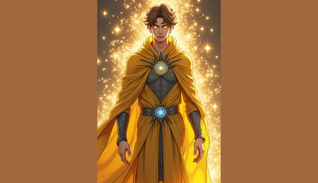 “Full Body. A Chaos Magick-powered 25-year-old Olive-toned White male in a skinny, Golden-Yellow outfit, with Dark Grey accents and Blue metal details and inclusions. The outfit has a small, Blue, metal, Macedonian Sun symbol on the chest. He has a Golden ...