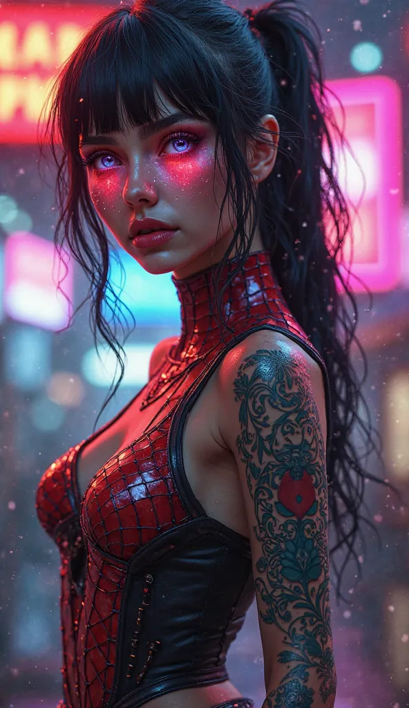  Beautiful girl dressed as Spiderman, hipster, in the tattoo , full length, cyberpunk 2077, лицо in the tattoo ,  cybernetic,  with wings , in a cyberpunk, cosmic eyes, Cybergirl , eye detailing, magical beauty, neon, photorealistic