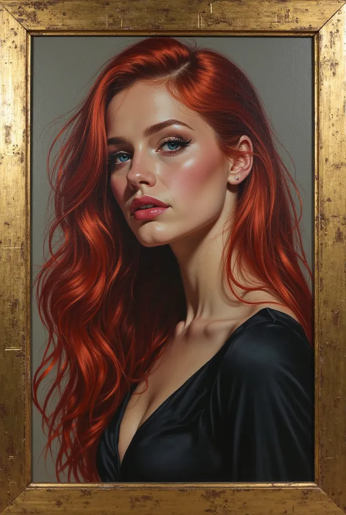 A painting with a golden frame, with a beautiful young woman with long and red hair and black tips, smiling maliciously