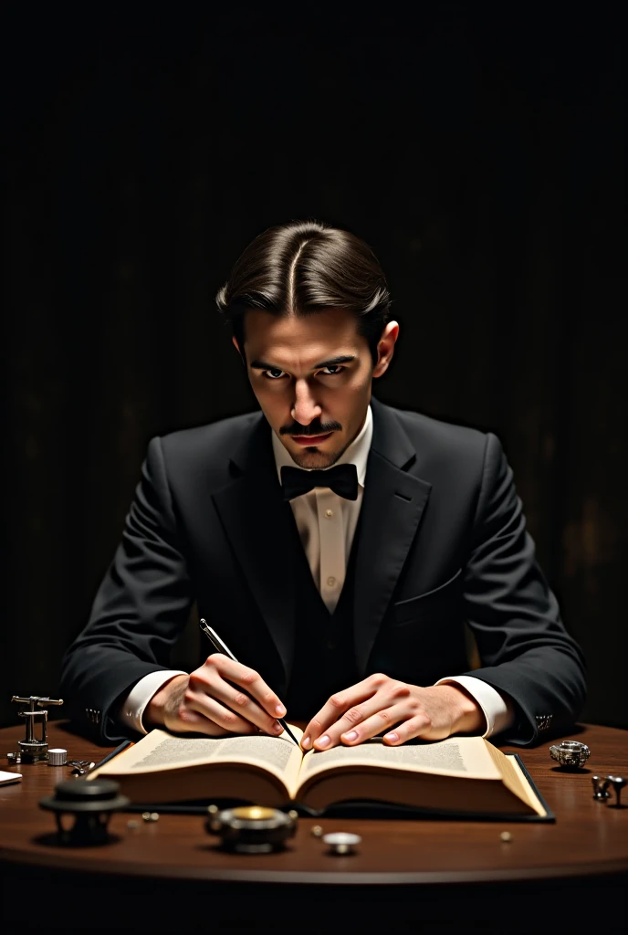 Make a Nikola Tesla profile picture where they read a book on a table 