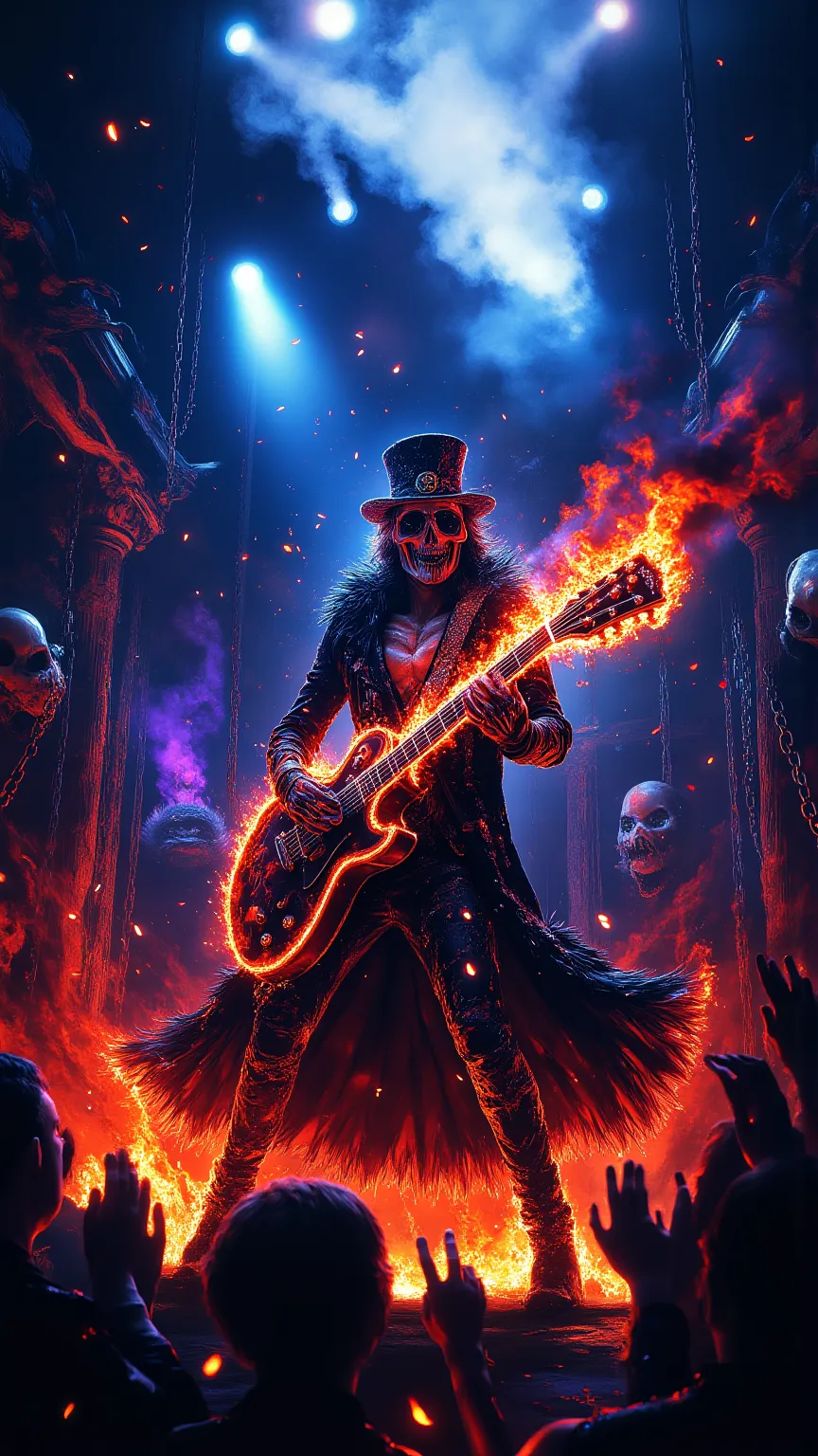 Brook from Onepiece, realistic, not anime, A skeletal rock musician performing a fiery concert in the underworld. Dressed in an extravagant, gothic-style outfit with a feathered coat, top hat, and sunglasses. Holding a flaming electric guitar, surrounded b...