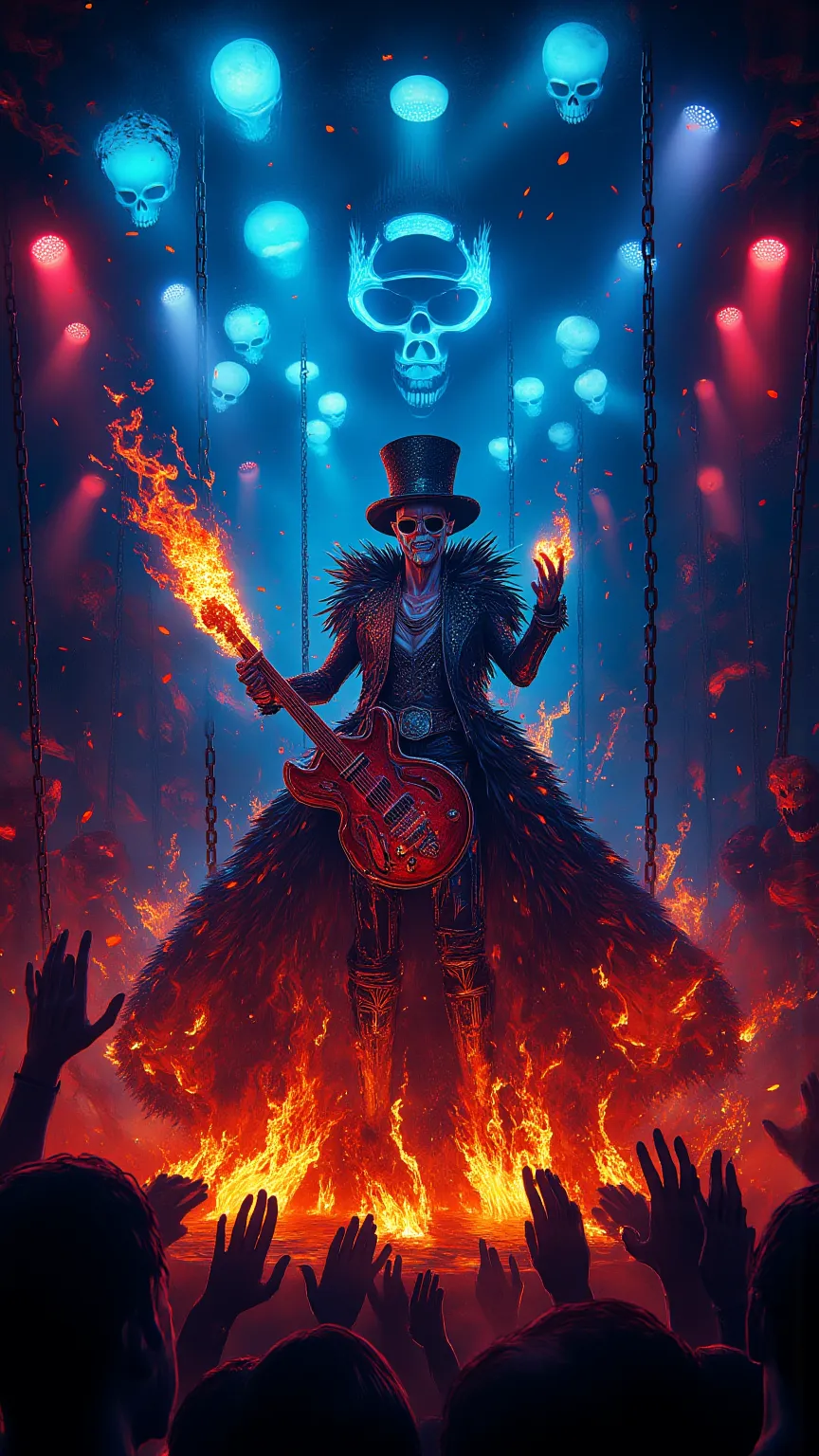 Brook from Onepiece, realistic, not anime, A skeletal rock musician performing a fiery concert in the underworld. Dressed in an extravagant, gothic-style outfit with a feathered coat, top hat, and sunglasses. Holding a flaming electric guitar, surrounded b...