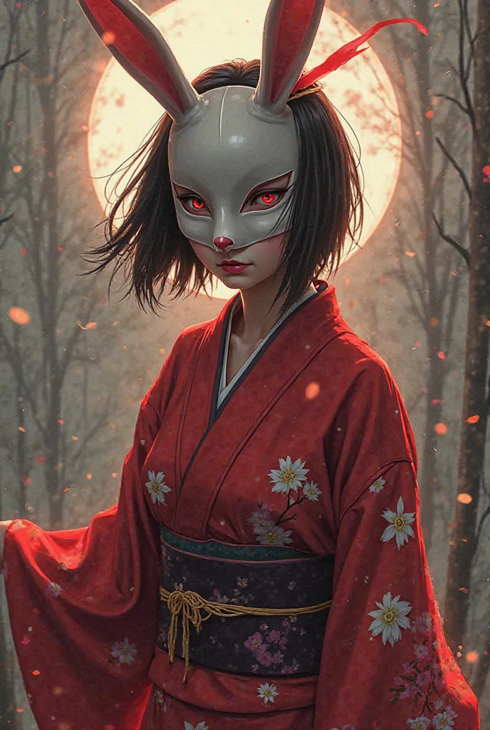 Anime character short hair behind two long locks alante with rabbit mask and red kimono