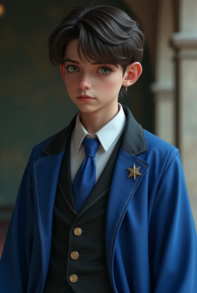 Realistic-looking male young magician,  and pale, has green eyes and dark brown short hair, Wears a blue robe with a blue tie his face is long and serious with a distinctive nose