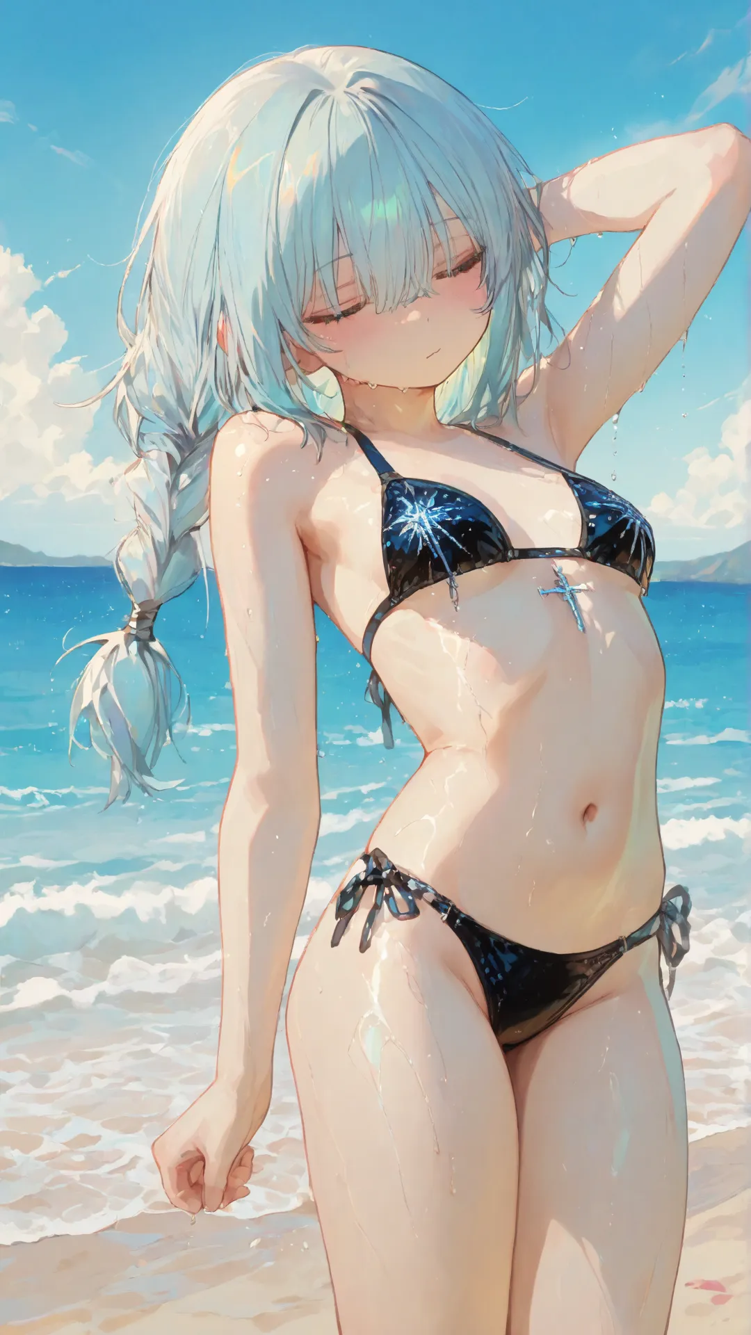 high quality,very cute, transvestite boy, neutral,anime style, man's daughter,light blue hair tied at the top,one boy,solo,Natural Five Fingers,Standing face facing forward,black shiny bikini for women,8K High Resolution,Extremely Detailed and Carefully Dr...