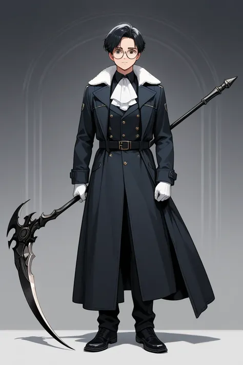 The guy with black hair, of medium height, coat, wearing a thin black, on her hands white gloves. He holds a scythe in his hands, the face is wearing round-framed glasses 