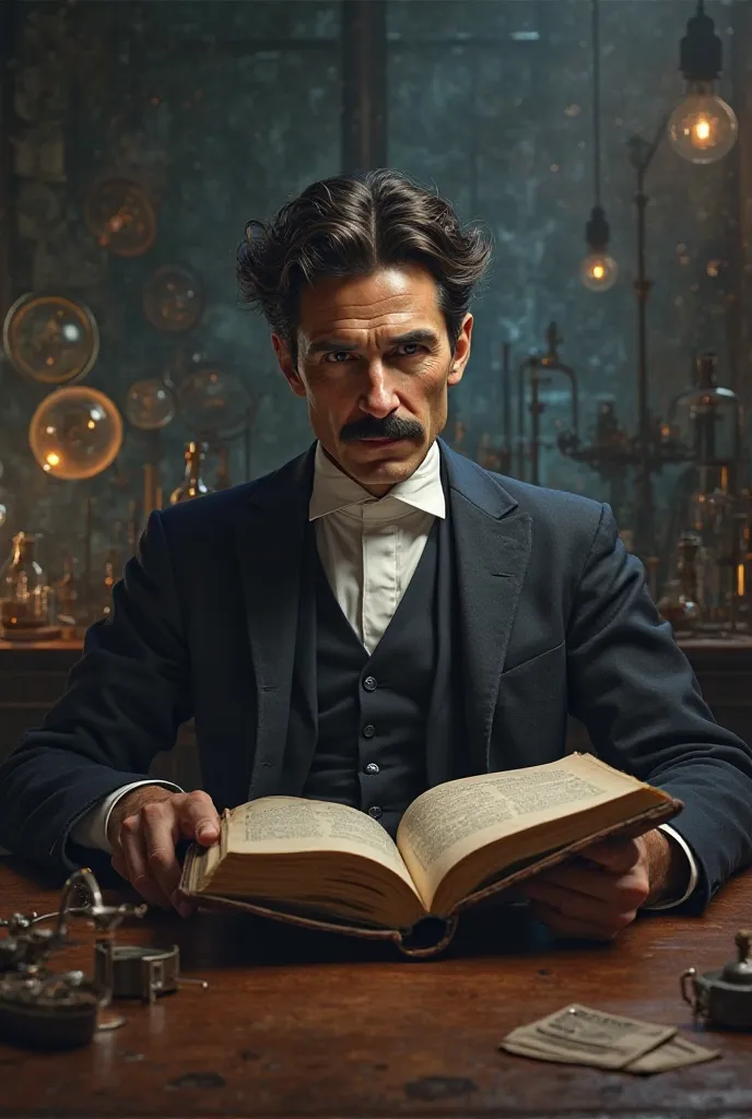 Make a Nikola Tesla profile picture where he read a book on a table 