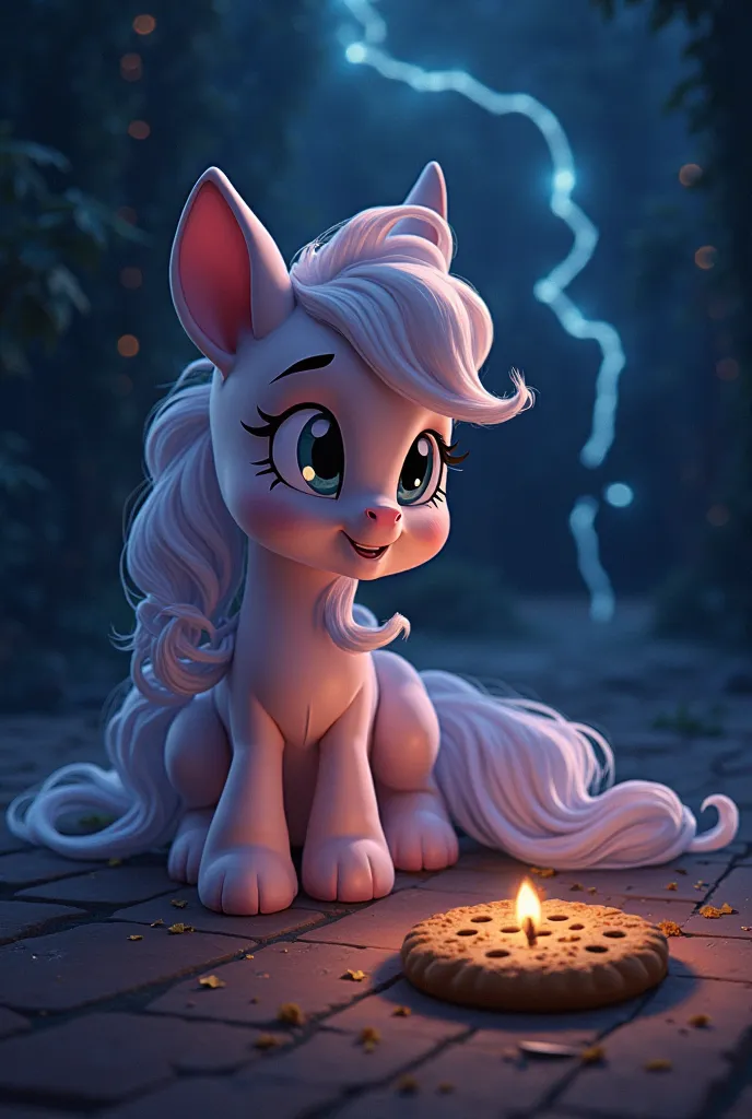 make a disney movie poster with the same lightning just like  the movie "my little poney" but instead write the title inside the poster "My little shia" make the poney having a devious laught with a big cookie on the floor