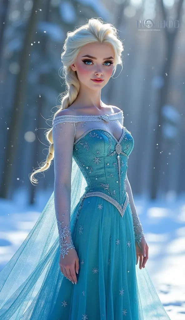 (High fashion cover shot:1.4) of a photorealistic Elsa from "Frozen", with her iconic platinum blonde braid, wearing a haute couture interpretation of her ice queen gown, striking a dynamic fashion pose, (three-quarter body framing:1.2), against a stylized...