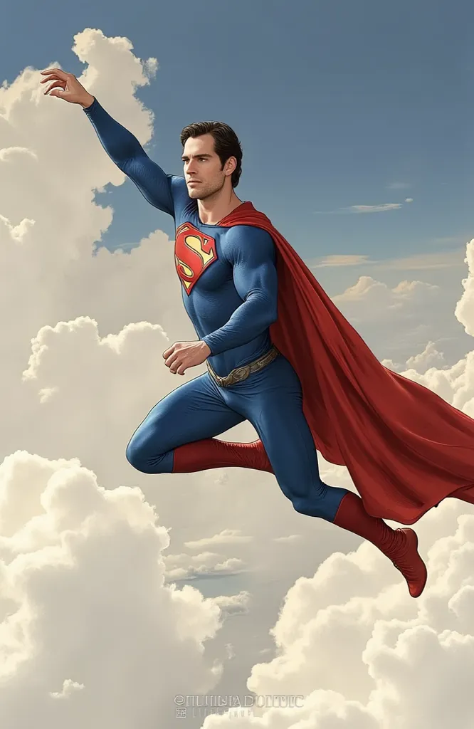 score_9, score_8_up, score_7_up, by 0r0ch, 1lilandavastyle, solo, dc superman, superman from movie "Man of Steel", henry cavill's superman, no beard, wearing superman costume, blue as main color with some red color, long red cloak, flying over sky at super...