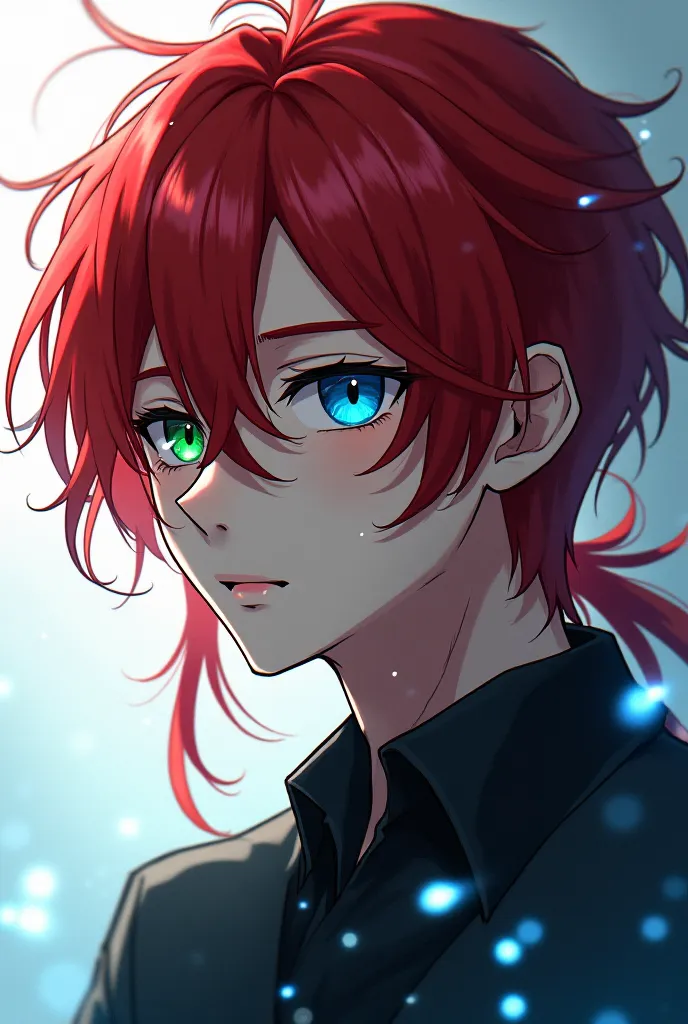 A man handsome red-haired man with a green left eye and a blue right eye. His hair is long. Anime