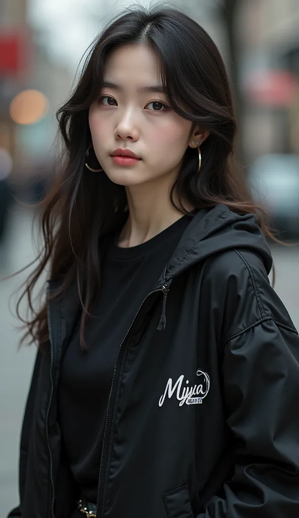 A beautiful Korean girl,  wore a black jacket a black t-shirt and had the word KS on his right jacket and put the words miya and his left jacket,   1girl  , Alone, long hair, mouth closed, 