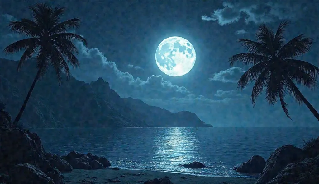 Night moon sea mountains palm tree