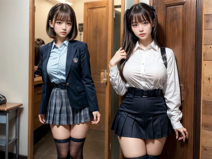 masterpiece, best quality, illustration, Super detailed, fine details, High resolution, 8K,wall paper, perfect dynamic composition,(Details High quality, realistic depiction of eyes:1.3), 2 girls, curvy, High School Classroom、High school girl uniform、blaze...