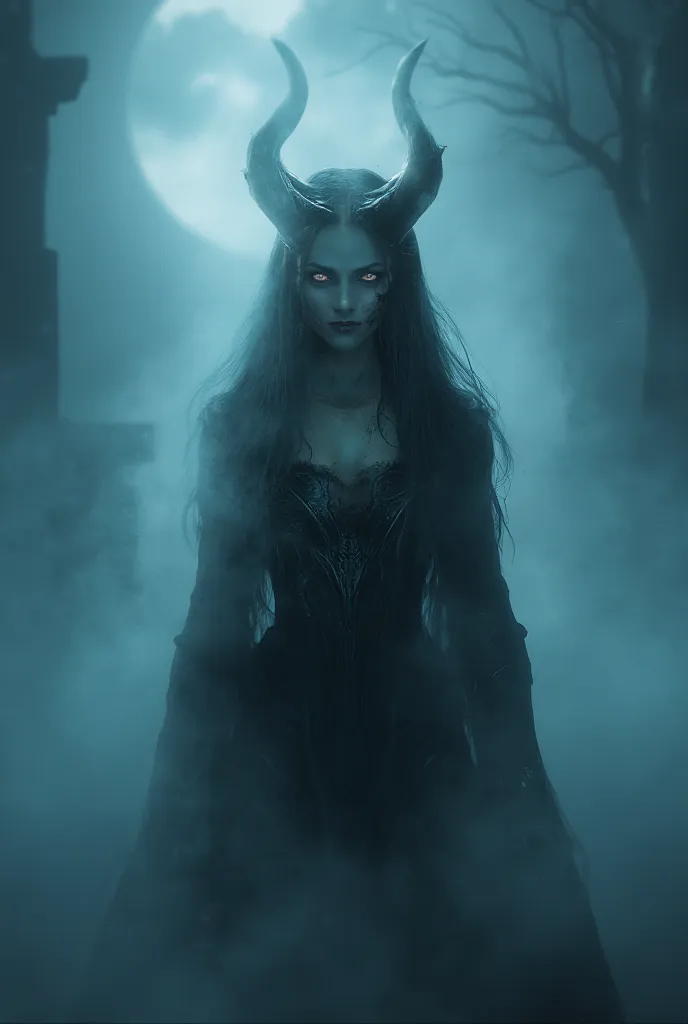 a mysterious female demonic figure, illuminated only by the moon. Fog spreads around her, 3d render, cinematic, poster, dark fantasy