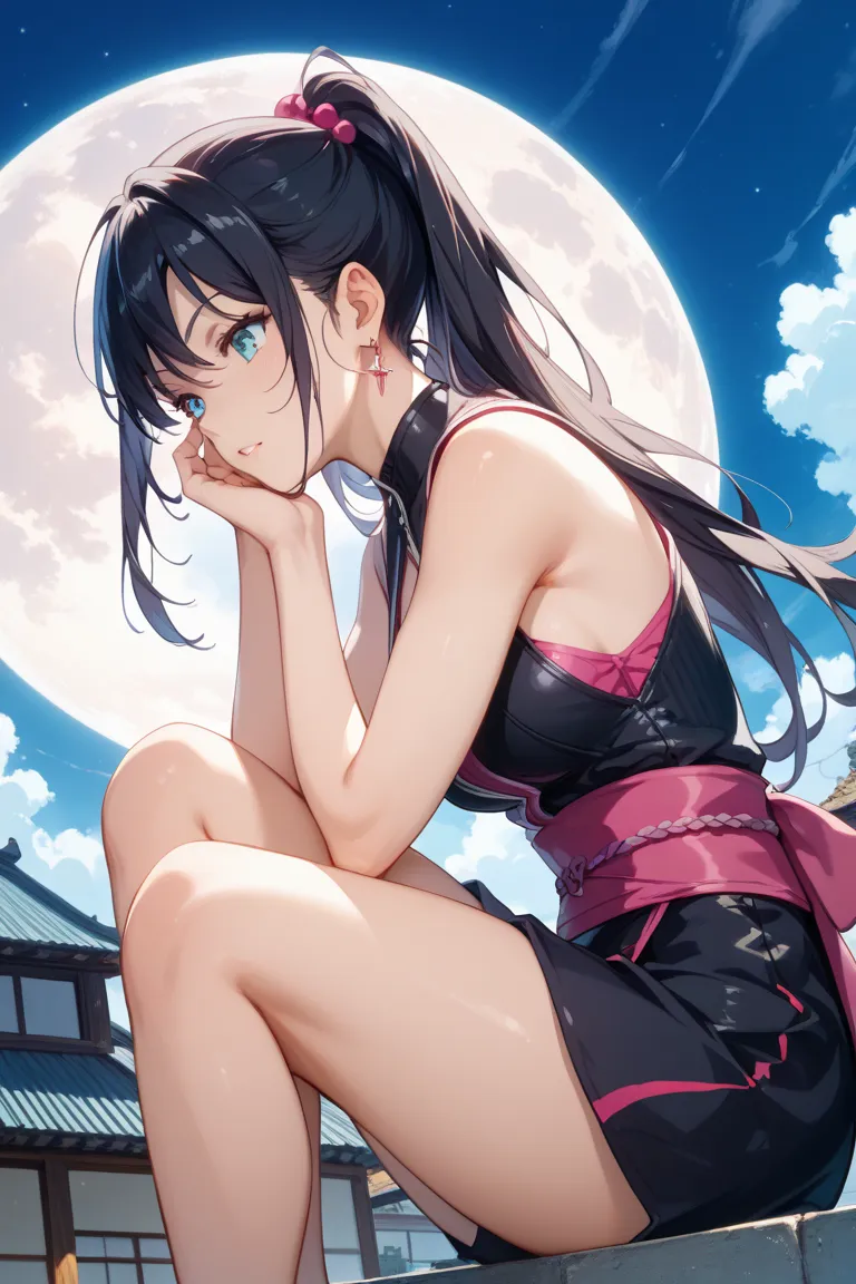 Midnight、full moon night、On a tiled roof、dim、Kizuna Ai、 black hair、Kunoichi、Ninja、 black costume、Iron-clad 、Hiding my face、sexy、Chest、 crouch、 get down on one knee、look to the side、profile、turning her gaze sideways、sharp eyed、staring at JK's feet、Holding a...