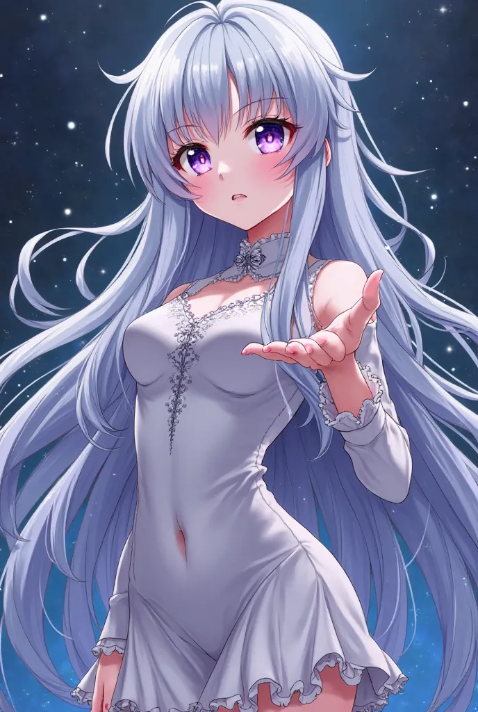 Sylvia 

Appearance:
Sylvia is a young girl with long, flowing silver hair that shimmers like moonlight, cascading down her back with a few strands framing her face. Her most striking feature is her piercing purple eyes, which hold an intense, almost ether...