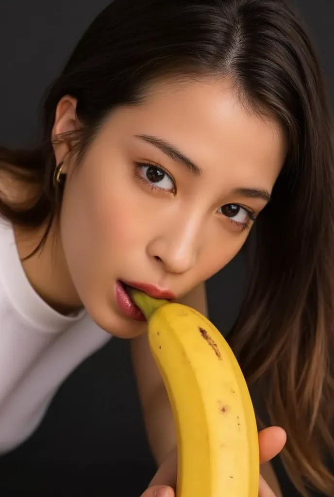 Woman eating a big banana,  detailed facial features ,  beautiful eyes,  photorealistic,  high image quality, 8k,  ultra-high definition just for me,  studio lighting ,  Dramatic light and dark  ,  movie ,  moody lighting,    dramatic shadow   , Wide range...