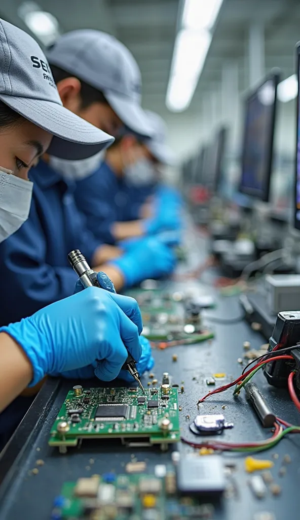 A close-up of the hands of an Asian female worker assembling the internal electronic components of Shimano ST-R7170 shifters. She is wearing blue rubber gloves for safety and a white face mask. A gray cap with the 'SEIWA SUPPORT' logo is also visible as pa...