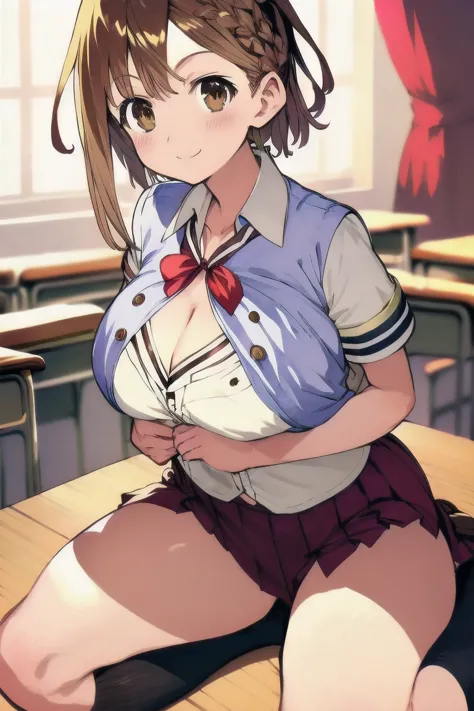 ライザリン・シュタウト,(masterpiece, best quality:1.2),2D, anime, Anime art, line art , watercolor,loli, 1 girl , chest, (large breasts),braid, (brown eyes), (brown hair), (reisalin stout), smile, solo, thighs,cleavage,(school uniform:1.6), (short sleeve shirt:1.6),