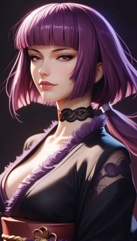 Oboro, 1girl, mature female, purple hair, short hair, blunt bangs, low ponytail, red eyes, (black kimono-tops, long kimono sleeve with purple ruffle lace trim),voluminous A-line multilayer tiered skirt with purple ruffled lace trim, ballgown silhouette, cr...