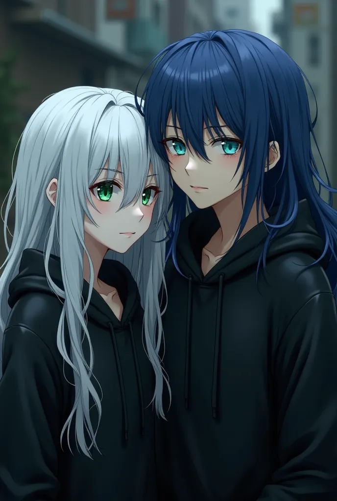 Photographed Yoshimura Eta, white Arimma Kishoshu, left, below is the son of a leggy man with long blue hair, green eyes, wearing a black hoodie.