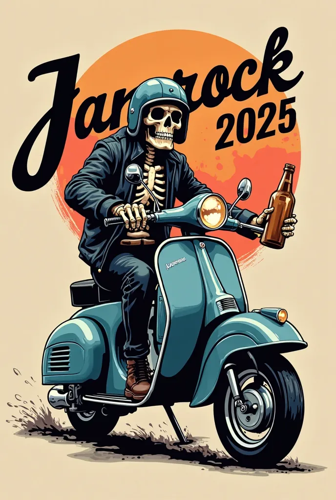 Create a 2D style logo of a skeleton biker riding a clasik vespa wearing a helmet drinking beer, by the name ,written JAMROCK2025