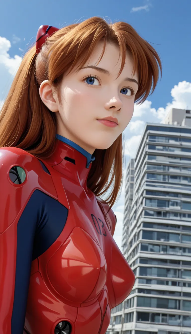 score_9, score_8_up, score_7_up, source_anime, asuka langley soryu, asuka langley soryu, long hair, bangs, blue eyes, brown hair, hair ornament, bodysuit, pilot suit, plugsuit, red bodysuit, interface headset, cute, looking at viewer, half body, (city buil...