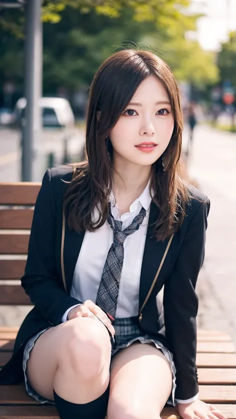 紺色のblazerの制服を着た日本の女子高生、(sitting with legs spread on a wooden bench at the bus stop）、((Stand on your knees and sit with your legs spread))、(I can see my pants)、medium-long black hair、Fair skin。white panties、blazer、white shirt、ribbon、plaid skirt、black high s...