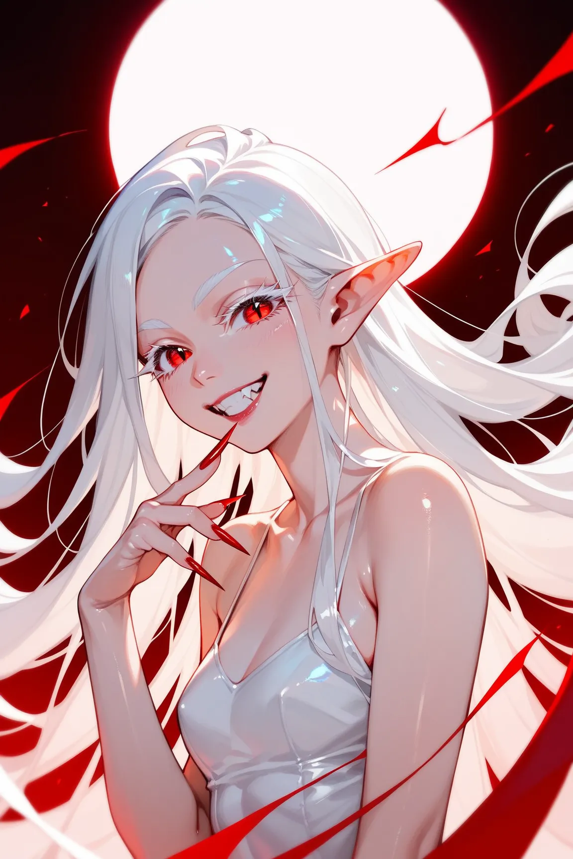 ,Very light white, pinkish skin,Shiny skin,Very long white hair,Large red eyes,Thick white lashes,Pointed ears,Long nails,Slim body,vampire,16k,Smile, teeth,