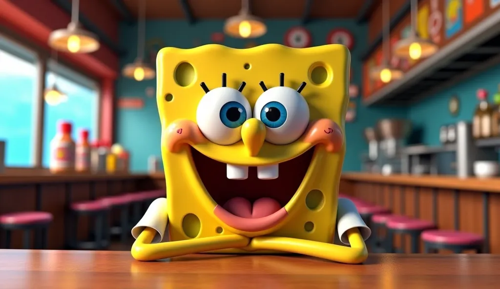 Extremely detailed CG unity wallpaper, close up, an iconic Sponge Bob, eye contact, ((half-body shot)), the cartoon underwater café, lots of fine details, 8k, unreal engine, cinematic,
digital art