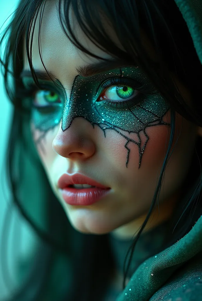 Fascinating close-up of a beautiful woman dressed as a spiderman, beautiful light green eyes,  makeup , hipster, magical beauty, neon, photorealistic, Macro photography, high quality, 4K, Fairy, face tattoo , crescent-shaped tattoo, snow flakes, красивые n...