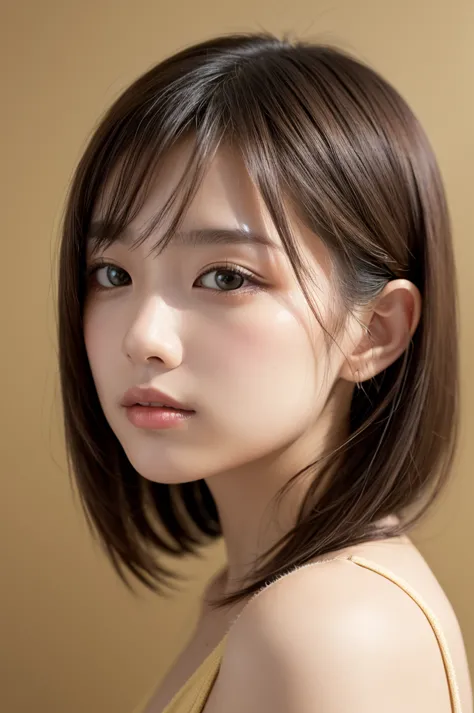 AI-generated portrait of the model taken in the studio。 The model has medium hair、is dyed in a soft yellow tone。 The background is yellow and beige, and the、complements the overall calm and elegant atmosphere。
