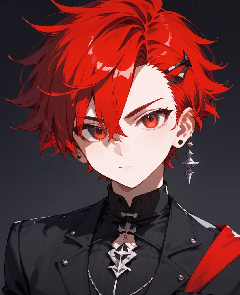 girl, Tomboy,red hair, colour hair, colour rudy,Long sleeve cell dress,Black Hairpin, short hair ,In Red Eye,Pointed eyes , black eye border , wear gloves,big chest,Black suit,Cool hair Bob ,student,sit,